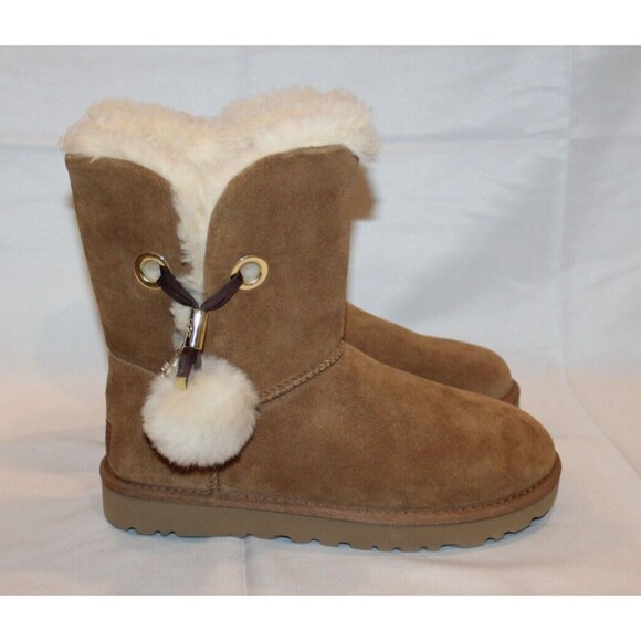 UGG IRINA STAR CHARM CHESTNUT TOSCANA POM POM BOOTS NIB - Picture 2 of 8